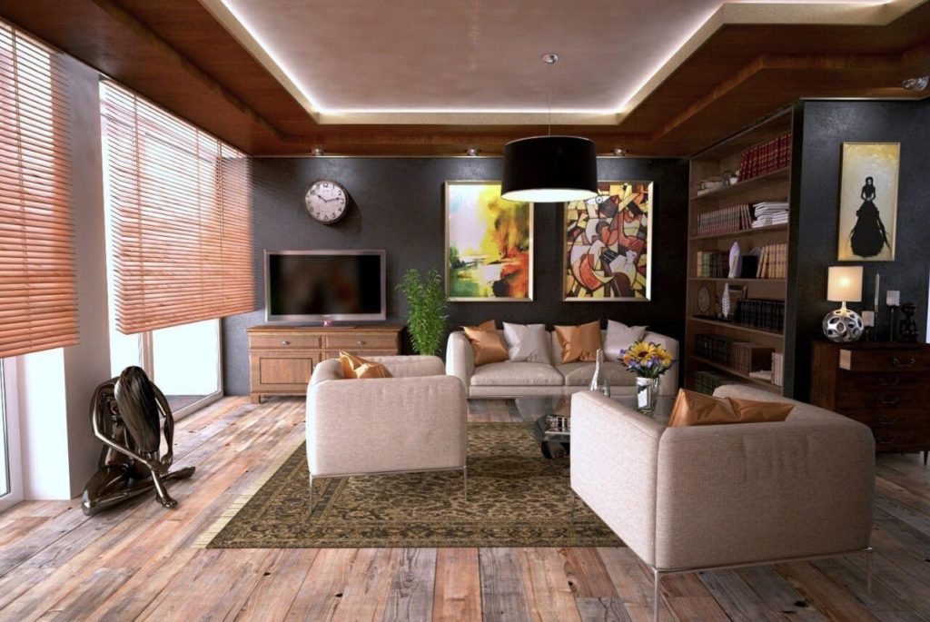 Relaxing living room with wood blinds as window cover